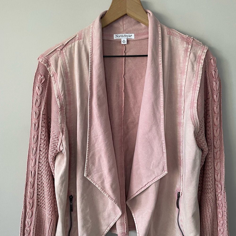 NorthStyle dusty pink stone wash open front knit sleeves moto style jacket XL - Picture 4 of 9